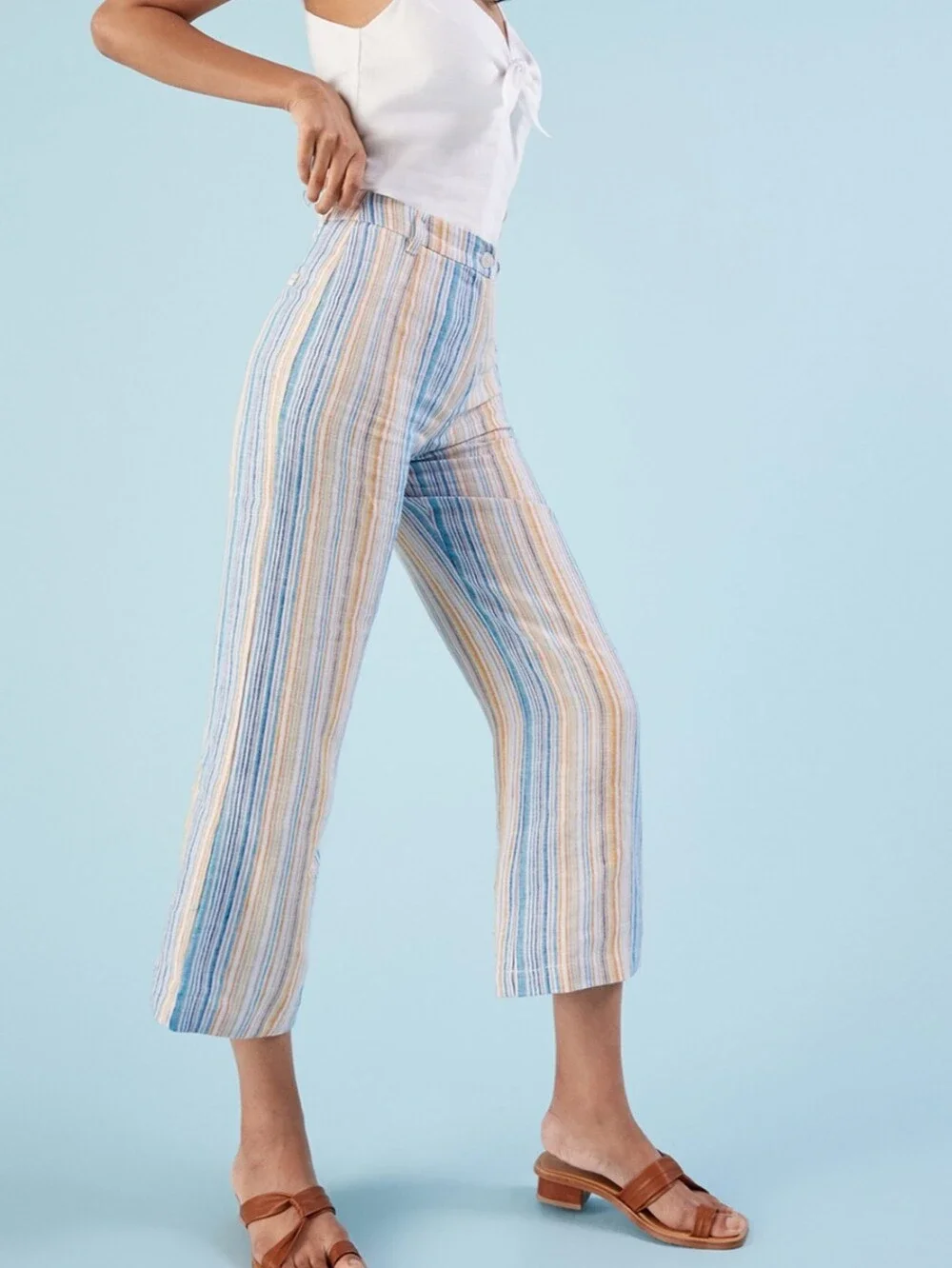 Reformation Tahiti Linen High Rise Wide Leg Crop In Rainbow Pastel Stripe